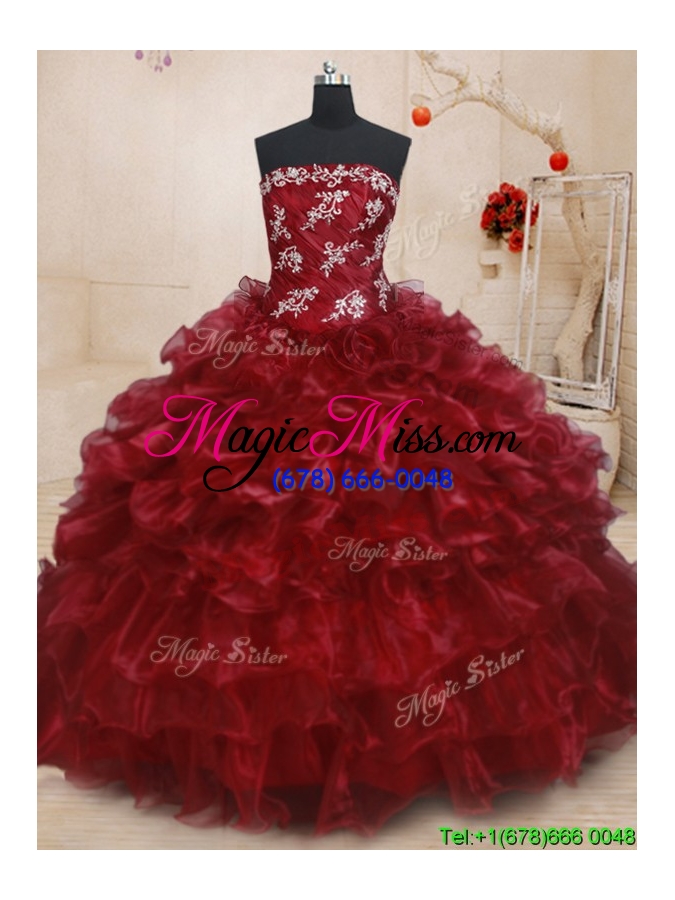 wholesale luxurious strapless beaded and ruffled layers organza quinceanera dress in burgundy