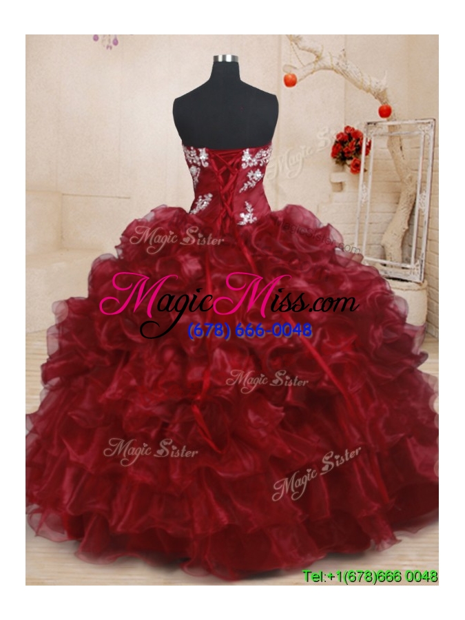 wholesale luxurious strapless beaded and ruffled layers organza quinceanera dress in burgundy