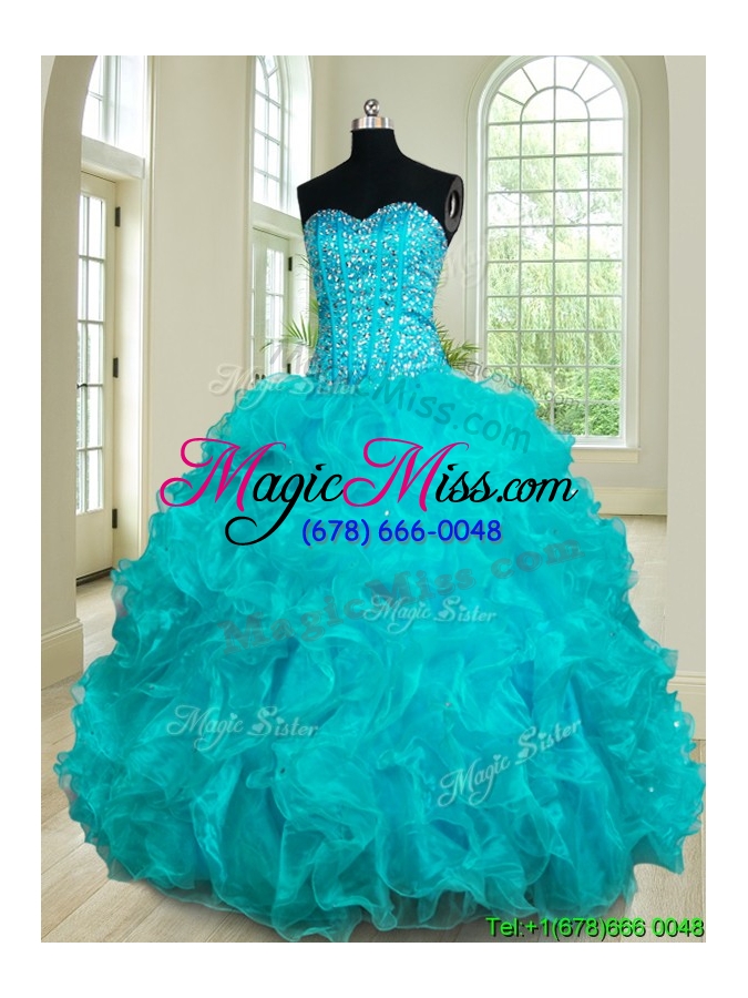 wholesale top seller organza ruffled and beaded detachable quinceanera dress in teal