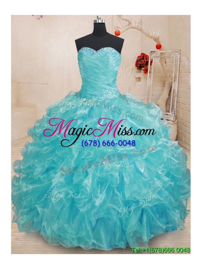 wholesale latest organza sweetheart aquamarine quinceanera gown with beading and ruffles
