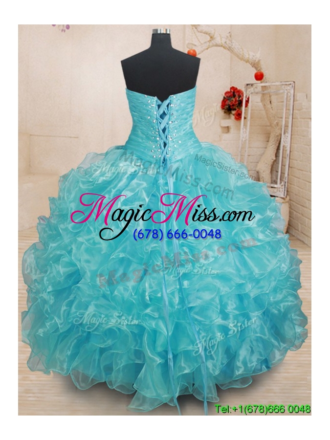 wholesale latest organza sweetheart aquamarine quinceanera gown with beading and ruffles