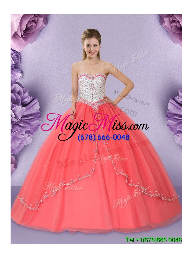 wholesale modest lace up beaded bodice quinceanera dress in watermelon red
