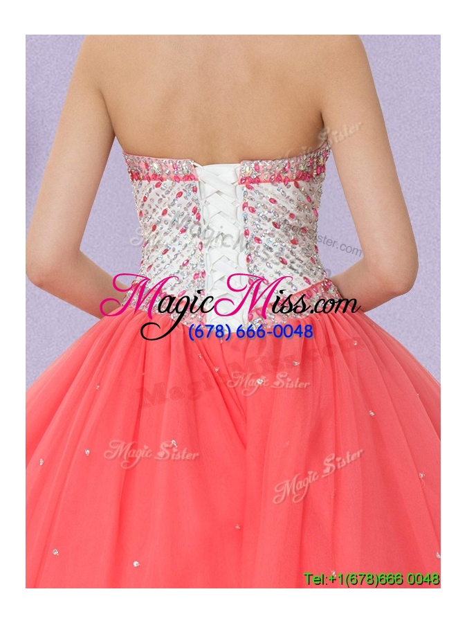wholesale modest lace up beaded bodice quinceanera dress in watermelon red