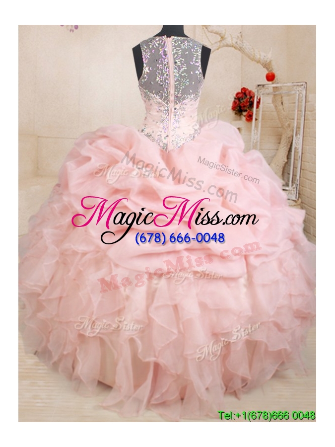 wholesale popular see through back zipper up straps beaded and bubble quinceanera dress in baby pink