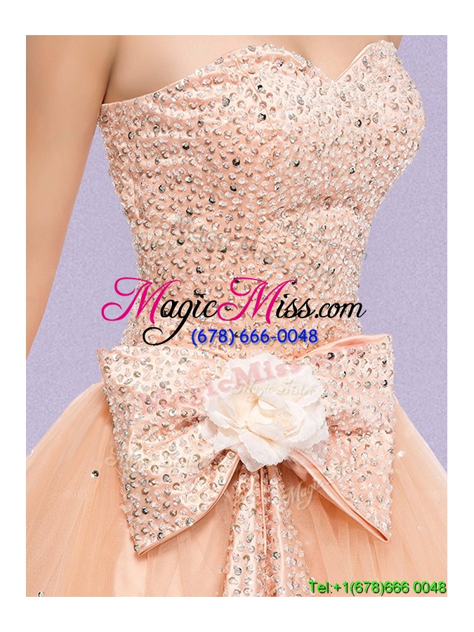 wholesale hot sale bowknot and beaded bodice zipper up quinceanera dress in tulle