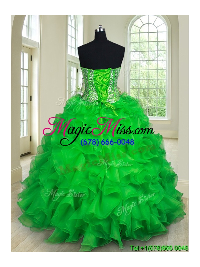 wholesale new style visible boning ruffled and beaded green quinceanera dress in organza