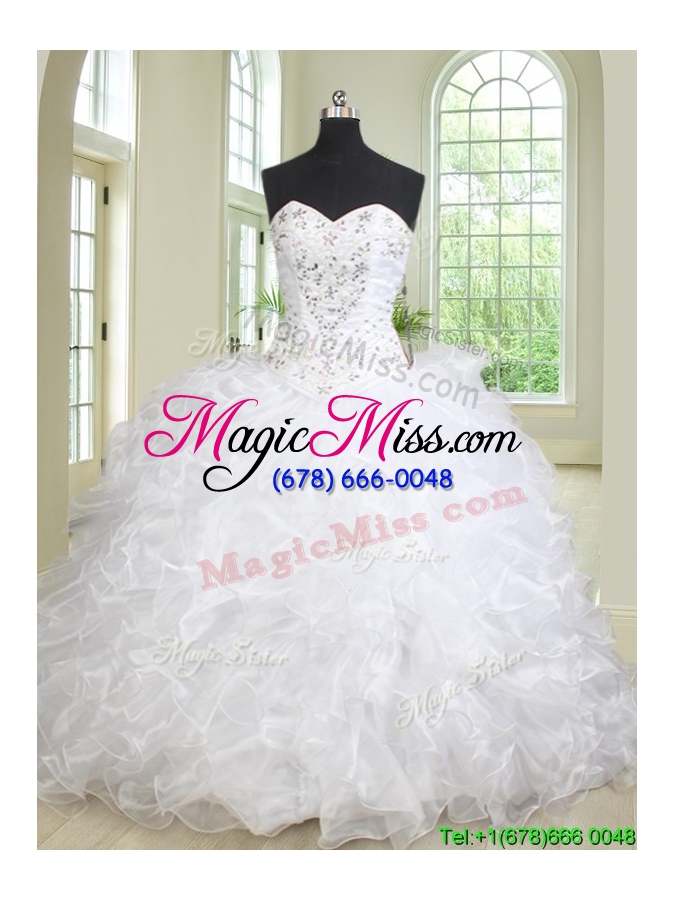 wholesale modest ruffled and beaded white removable quinceanera dress with brush train
