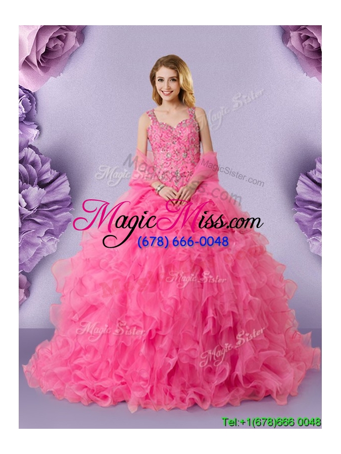 wholesale exquisite ruffled and beaded rose pink quinceanera dress in organza