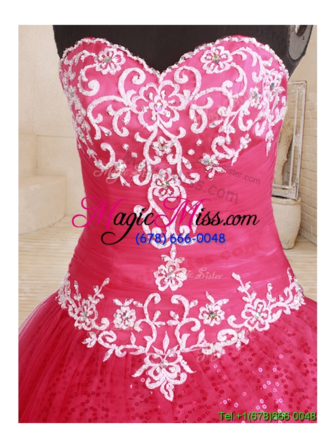 wholesale cheap applique and embroideried beaded coral red quinceanera dress in tulle