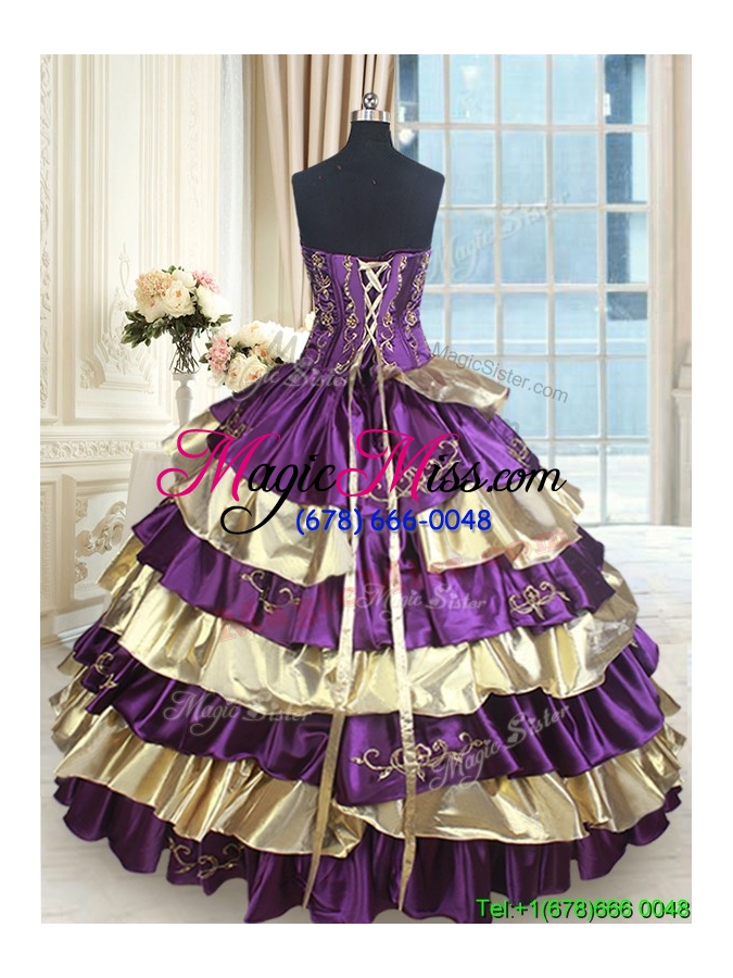 wholesale luxurious strapless purple and gold sweet 16 dress with beading and ruffled layers