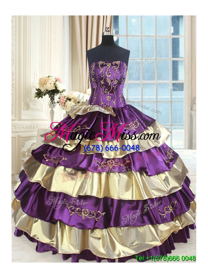 wholesale luxurious strapless purple and gold sweet 16 dress with beading and ruffled layers