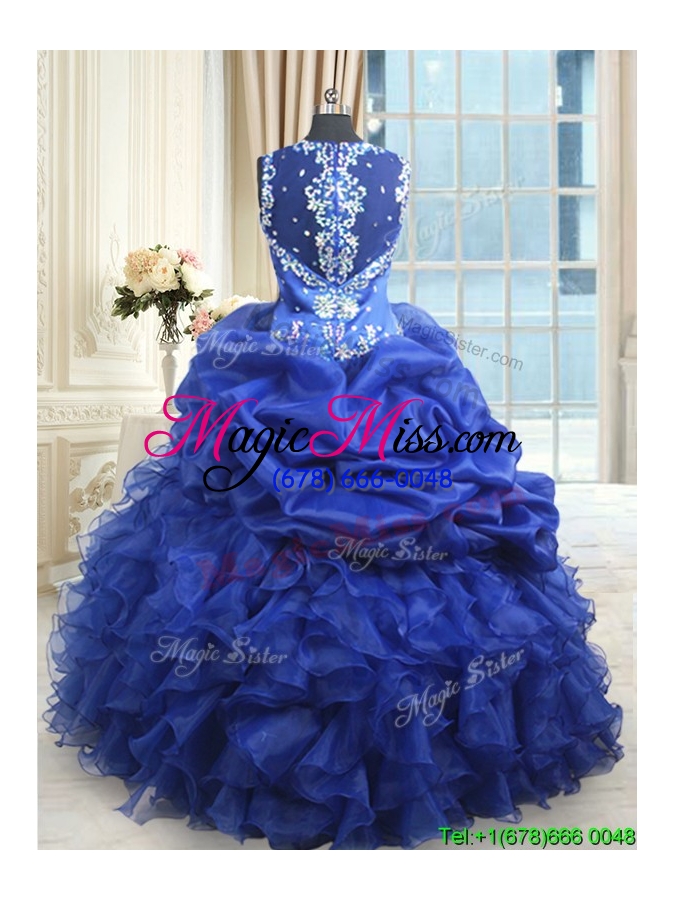 wholesale gorgeous see through back straps beaded and ruffled royal blue quinceanera dress