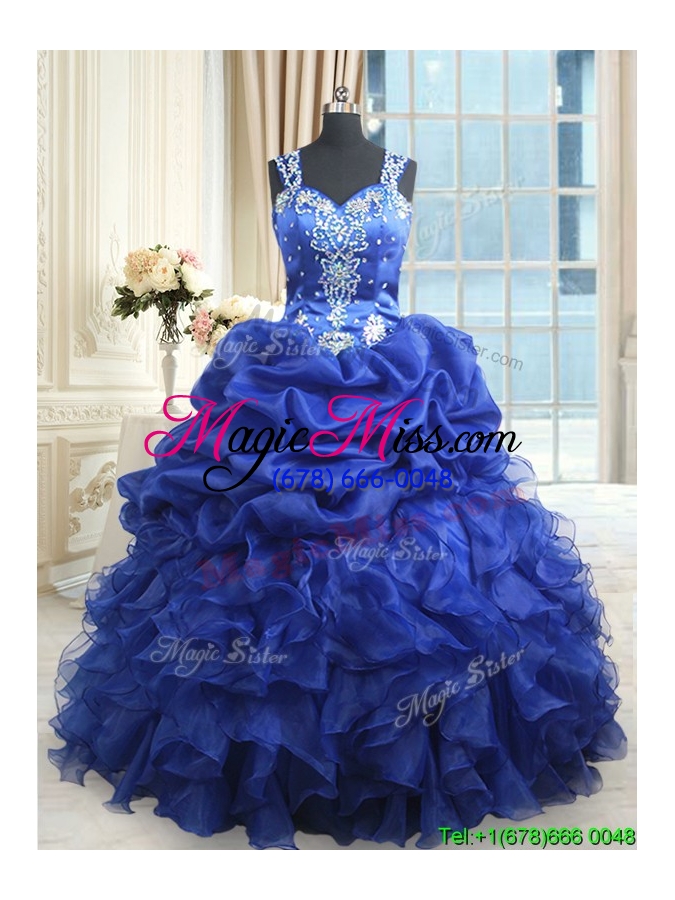 wholesale gorgeous see through back straps beaded and ruffled royal blue quinceanera dress