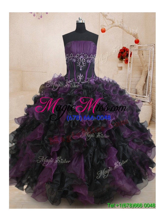wholesale new style strapless beaded and ruffled quinceanera dress in black and purple