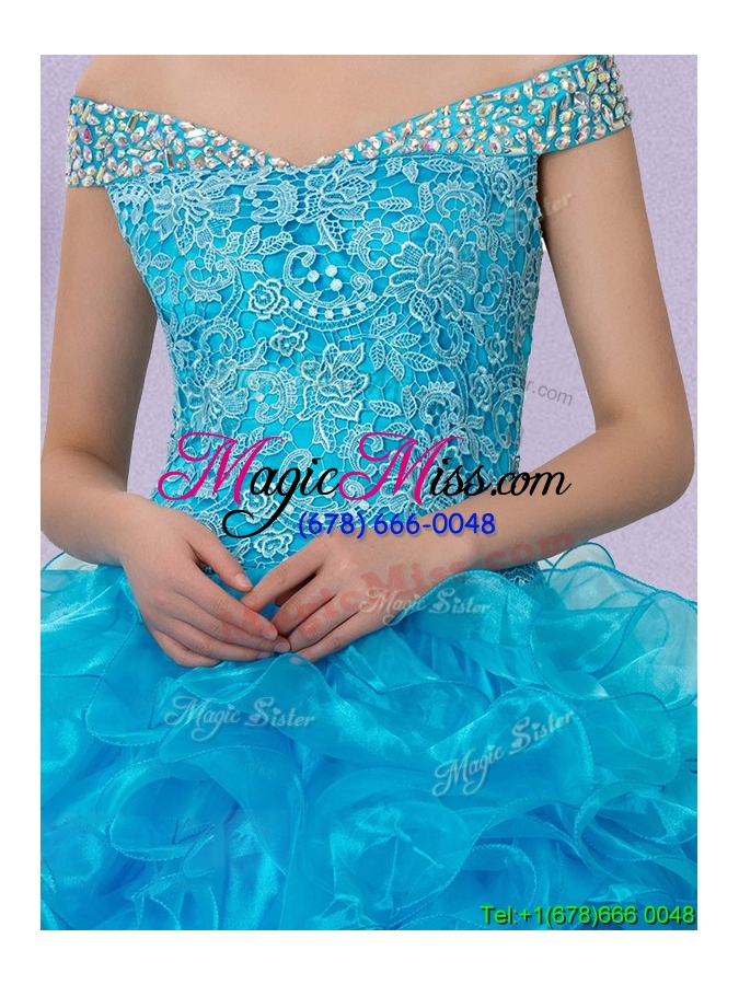 wholesale cheap beaded decorated off the shoulder laced bodice sweet 16 dress with ruffles