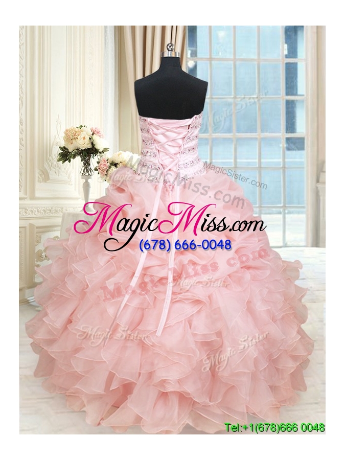 wholesale hot sale baby pink organza pick ups quinceanera dress with ruffles and beading