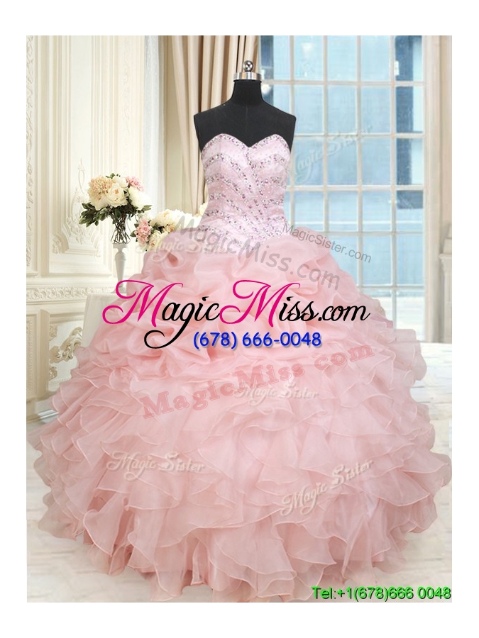 wholesale hot sale baby pink organza pick ups quinceanera dress with ruffles and beading