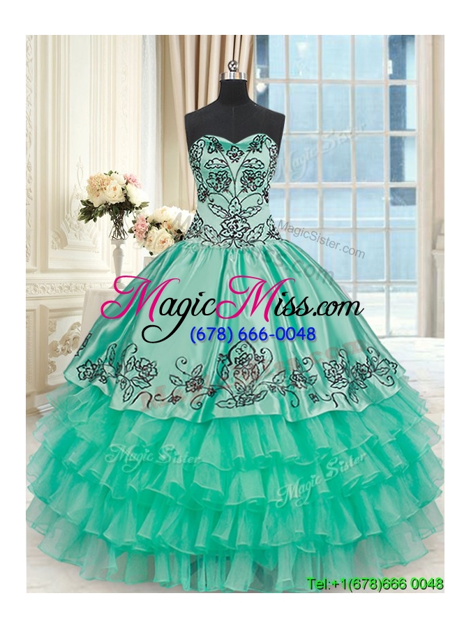 wholesale affordable embroideried and ruffled layers turquoise quinceanera dress in organza and taffeta