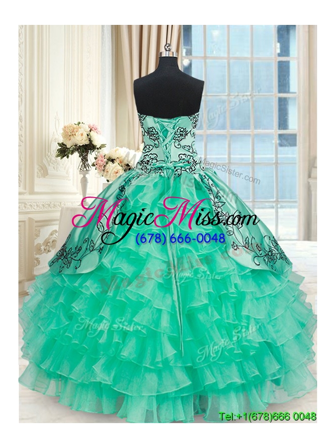 wholesale affordable embroideried and ruffled layers turquoise quinceanera dress in organza and taffeta