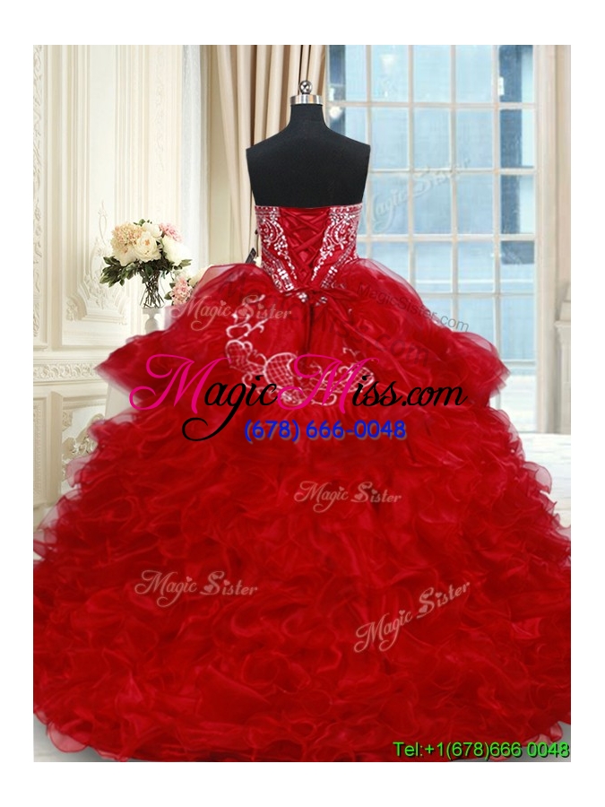 wholesale top seller brush train red quinceanera dress with ruffles and beading