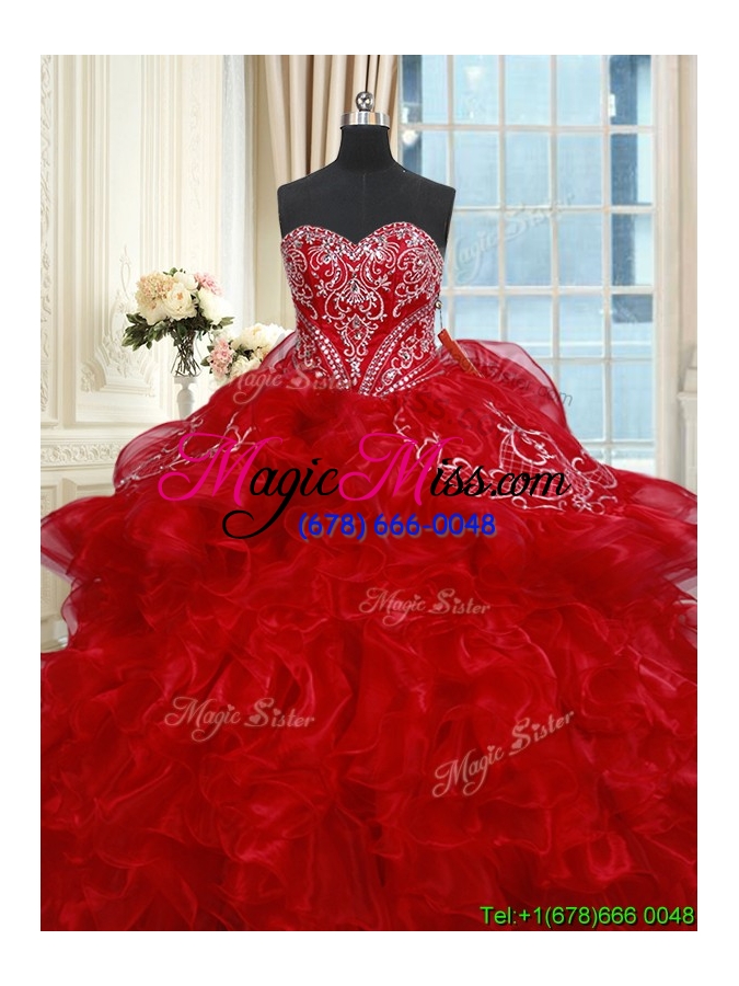wholesale top seller brush train red quinceanera dress with ruffles and beading
