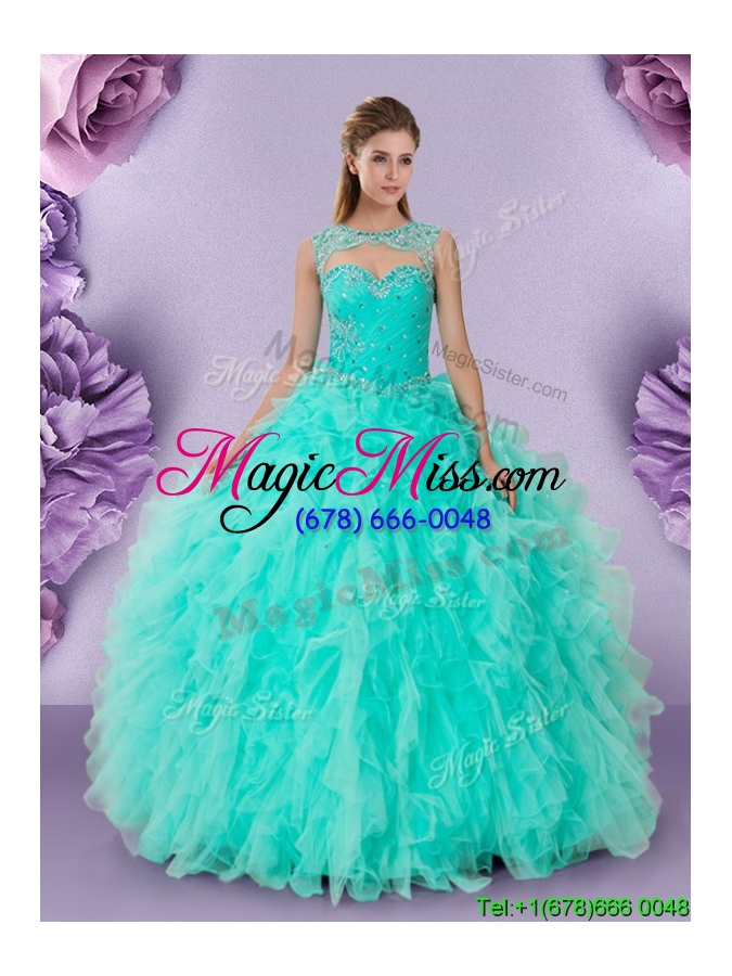 wholesale best selling scoop turquoise quinceanera gown with ruffles and beading
