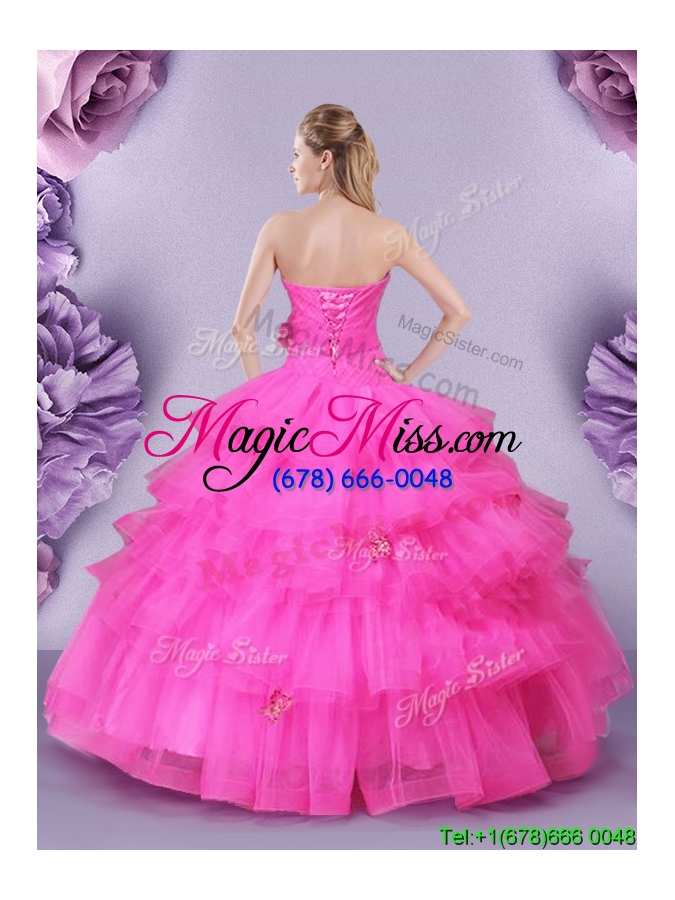 wholesale perfect handmade flower and ruffled layers hot pink quinceanera dress in tulle