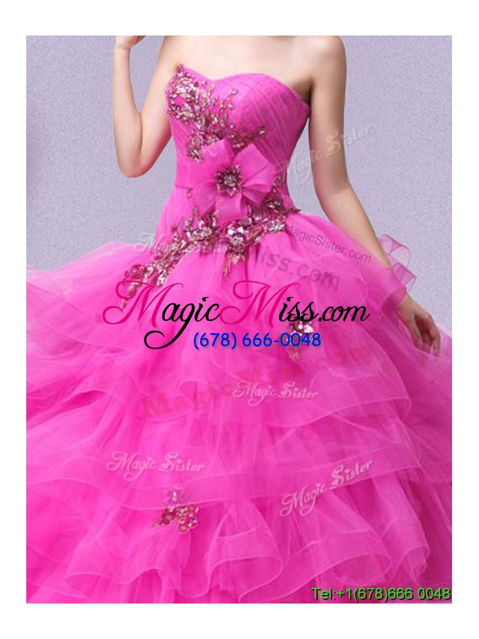 wholesale perfect handmade flower and ruffled layers hot pink quinceanera dress in tulle