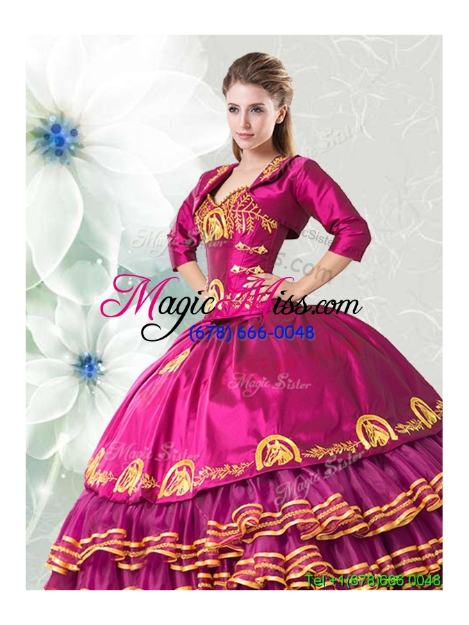 wholesale gorgeous ruffled layers embroideried fuchsia sweet 16 dress in organza and taffeta