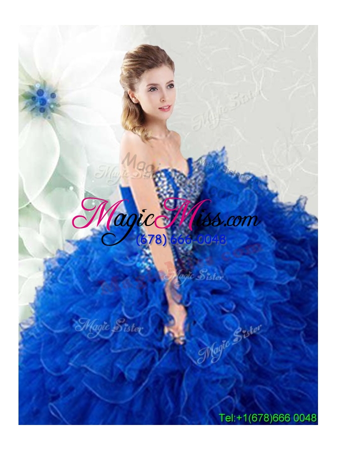 wholesale cheap visible boning royal blue quinceanera gown with ruffles and beaded bodice