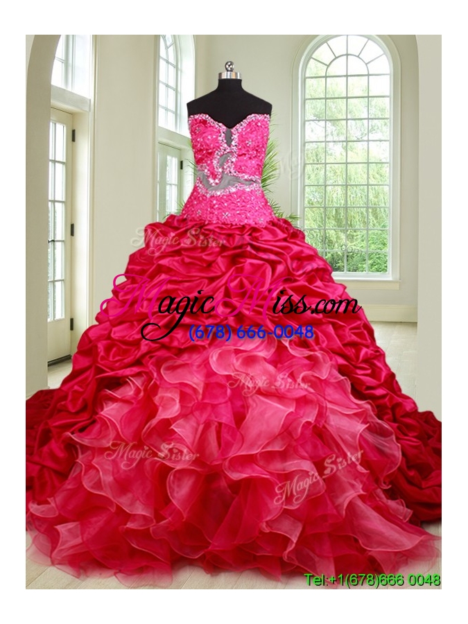 wholesale fashionable organza and taffeta coral red detachable quinceanera dress with court train
