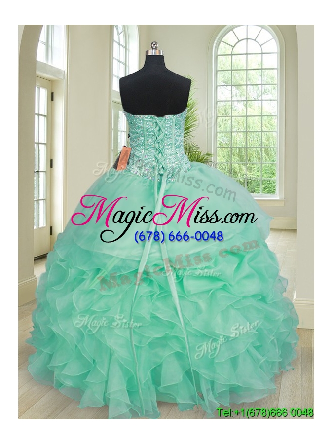 wholesale modest visible boning turquoise quinceanera dress with ruffles and beading