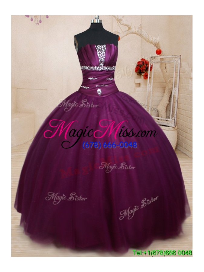 wholesale best big puffy strapless beaded tulle quinceanera dress in dark purple for fall