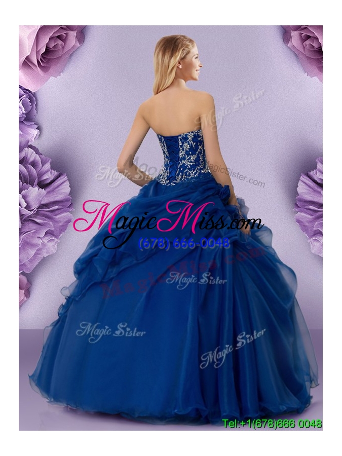 wholesale pretty royal blue quinceanera dress with handcrafted flowers and beading