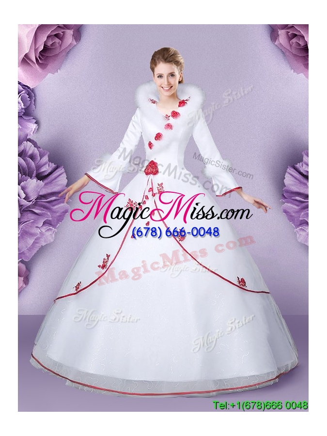 wholesale top seller high neck tulle and lace white quinceanera dress with long sleeves