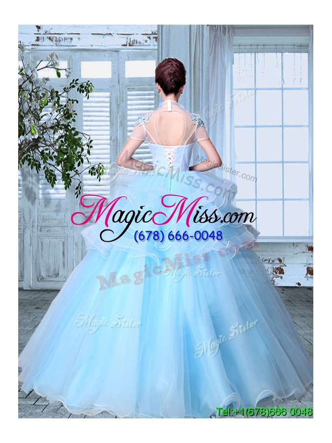 wholesale high neck short sleeves light blue quinceanera gown with appliques and ruffled layers