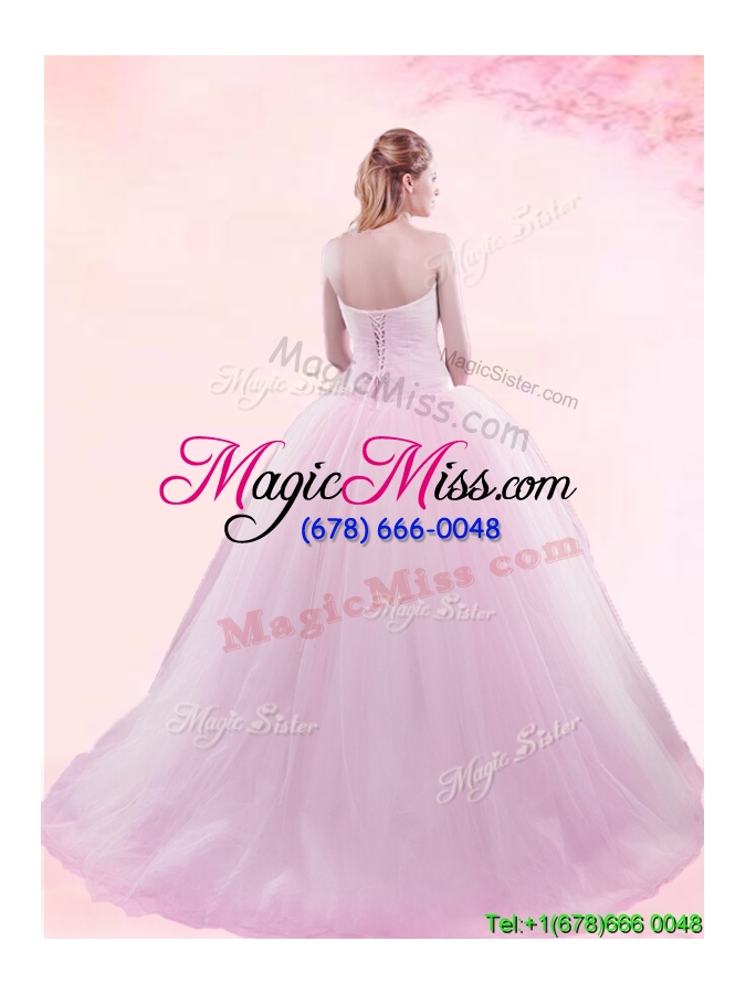 wholesale classical bowknot and ruched baby pink quinceanera gown with brush train