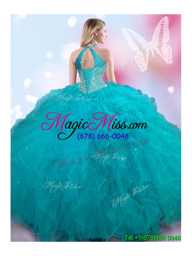 wholesale luxurious halter top teal quinceanera dress with beading and ruffles
