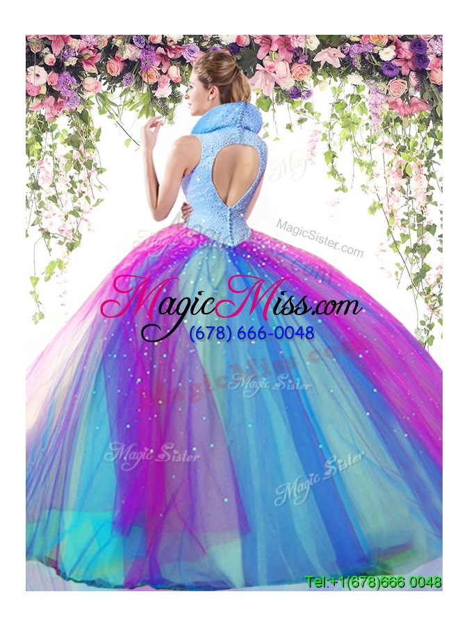 wholesale modest high neck rainbow backless quinceanera dress with beading