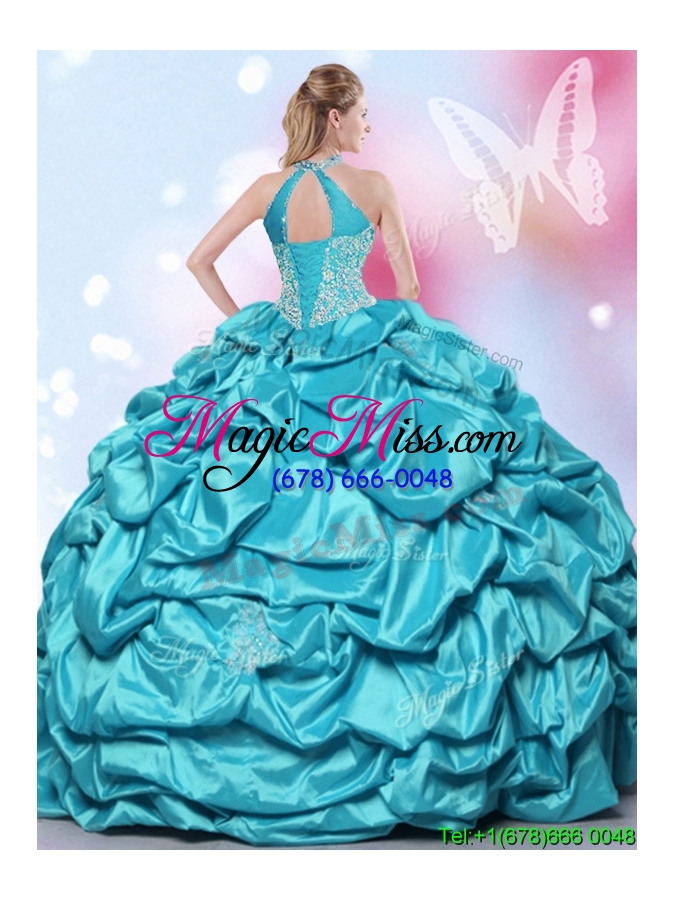 wholesale unique halter top turquoise quinceanera dress with beading and pick ups