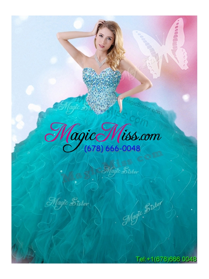wholesale discount teal big puffy quinceanera dress with beading and ruffles