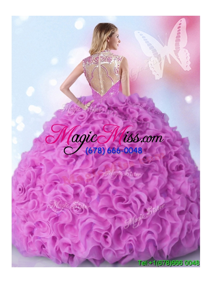 wholesale fashionable high neck ruffled and beaded quinceanera dress in fuchsia