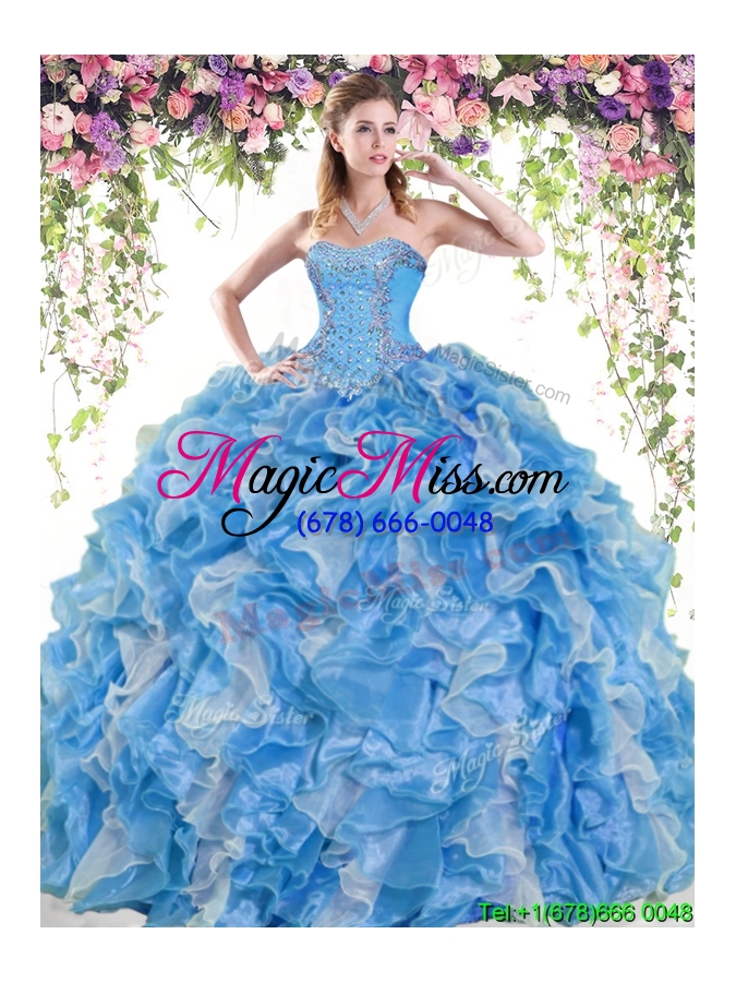 wholesale luxurious beaded and ruffled quinceanera dress in baby blue and white