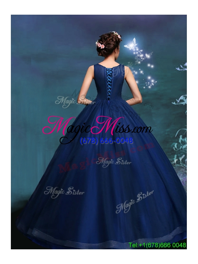 wholesale fashionable scoop applique decorated bodice navy blue quinceanera gown