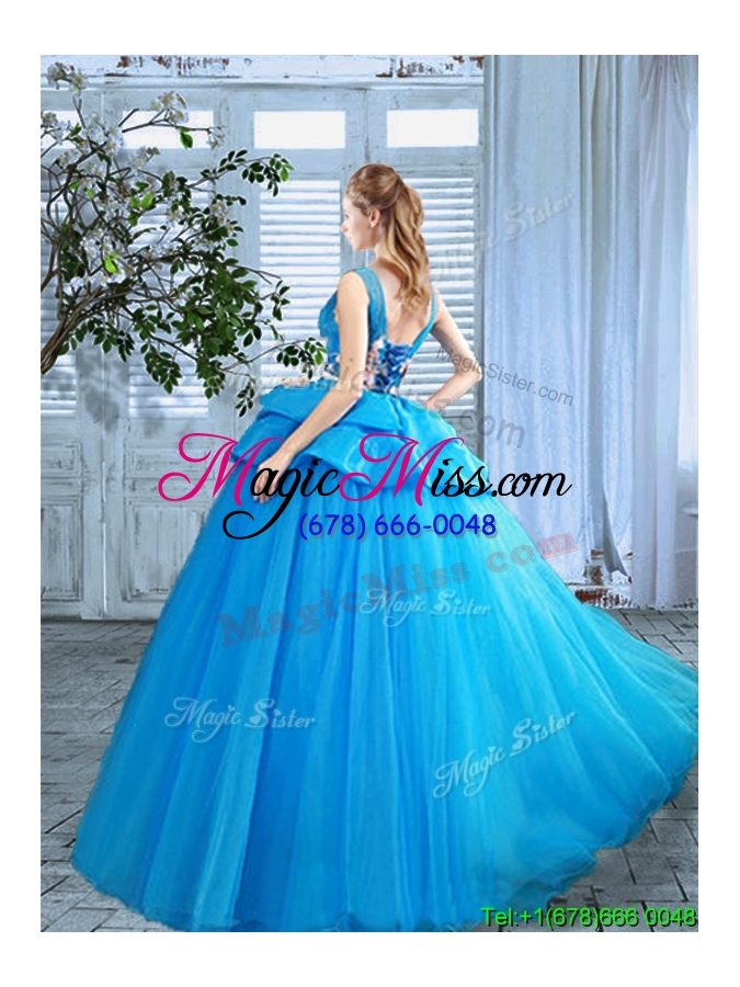 wholesale pretty applique and handcrafted flowers blue quinceanera gown with scoop