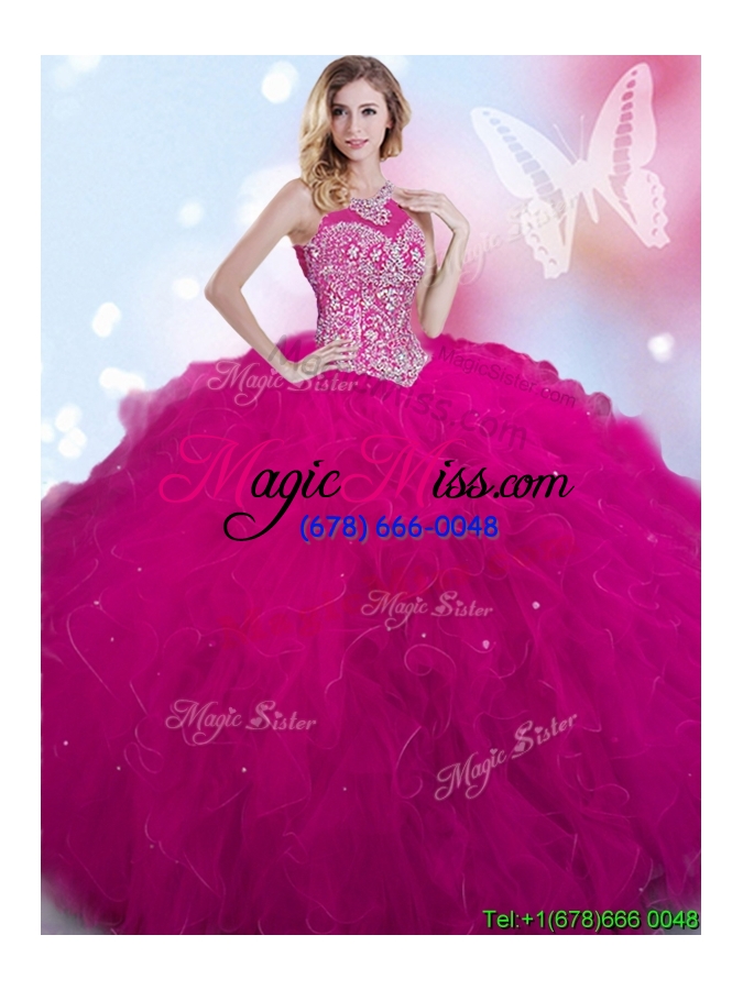wholesale perfect halter top beaded and ruffled quinceanera dress in fuchsia
