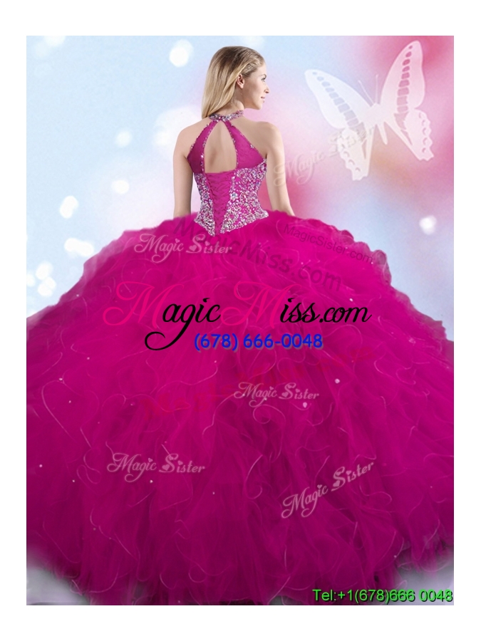 wholesale perfect halter top beaded and ruffled quinceanera dress in fuchsia