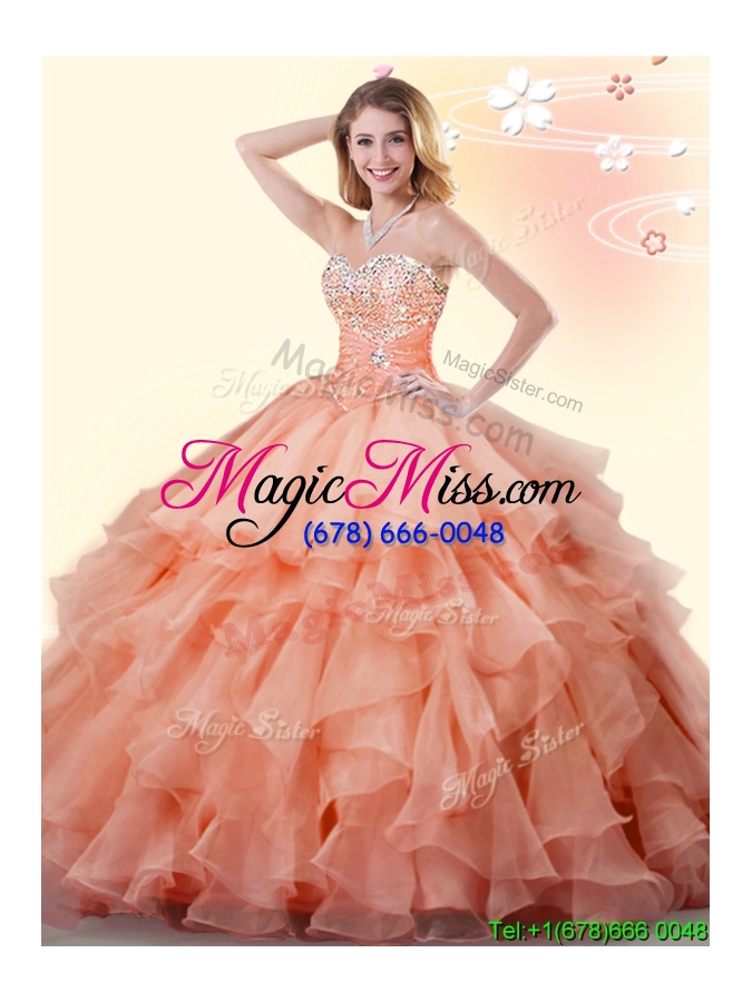 wholesale exquisite beaded and ruffled organza quinceanera dress in orange