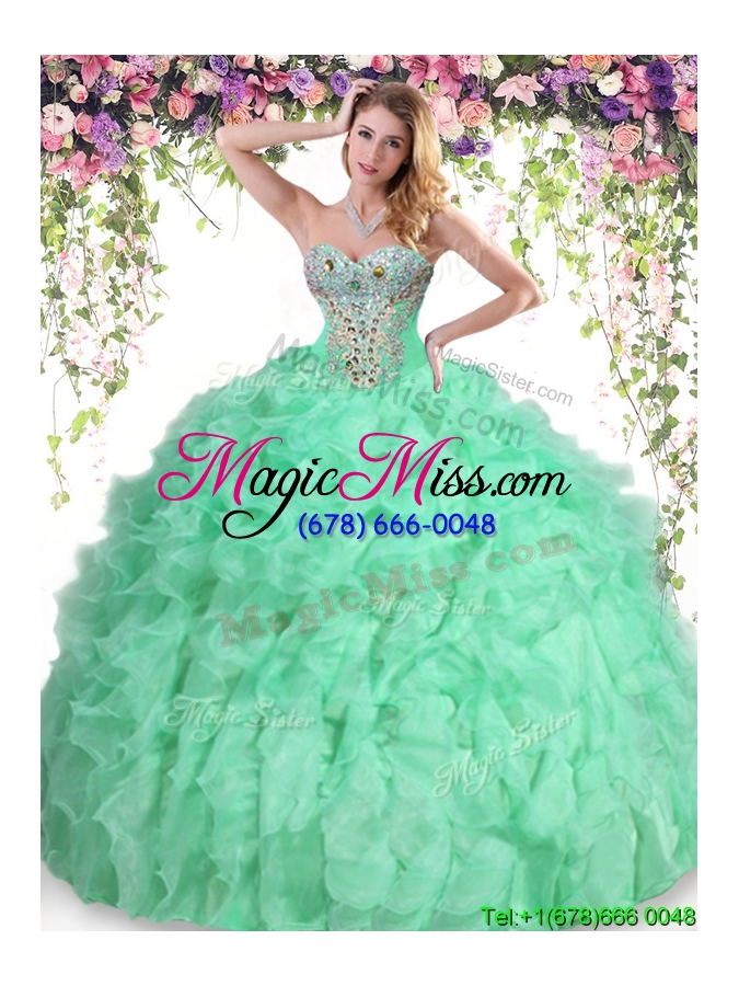 wholesale cheap beaded and ruffled organza quinceanera dress in apple green