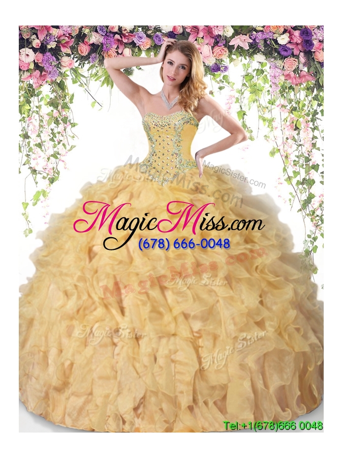 wholesale hot sale gold sweet 16 dress with beading and ruffles